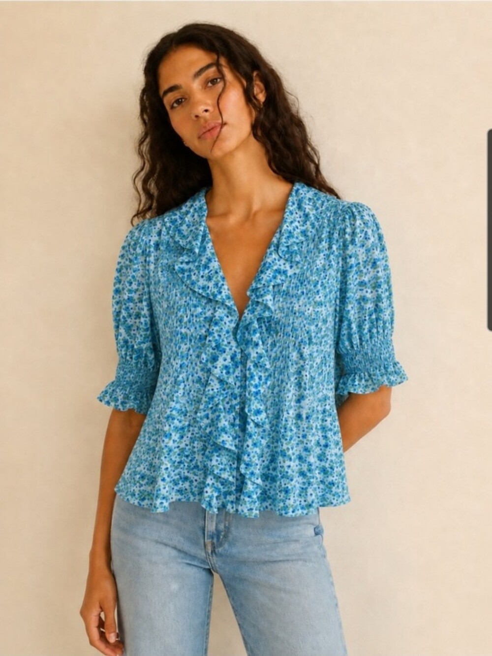 NWOT Dôen Henri Top Organic Cotton Vneck Blouse in Bleu Daisy Fields  XL